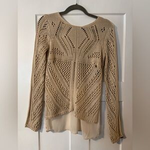 Dex Tan Open-Knit/Sheer Back Blouse